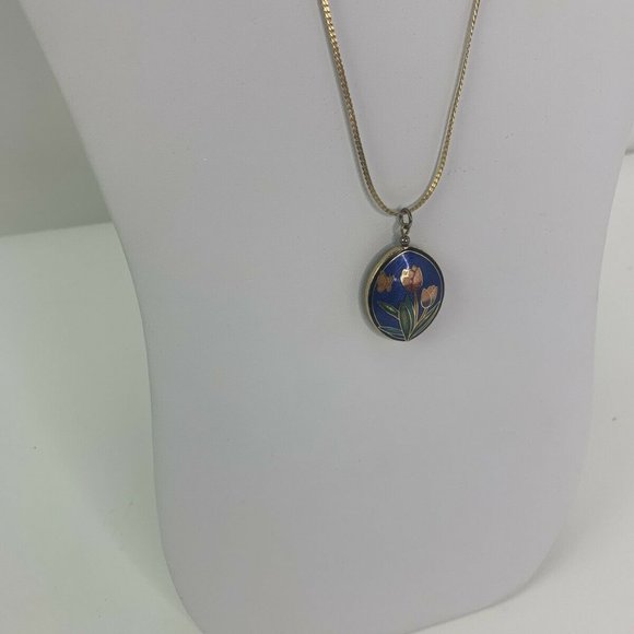 Vintage Necklace Pendant Cloisonne Enamel Blue - Picture 3 of 6